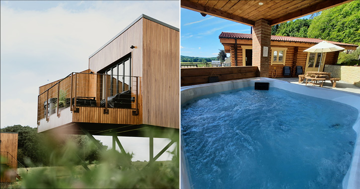 View of hot tub treehouse at Red Hurworth Farm and view from the hot tub at Vindomora Country Lodges